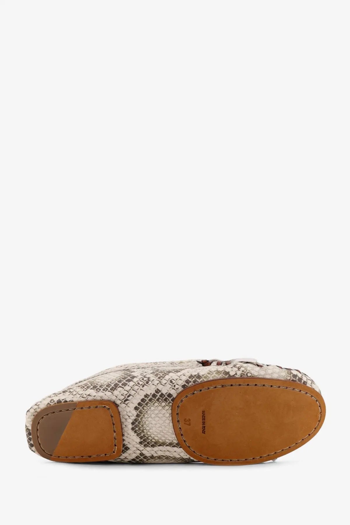 Paris Texas women’s Indiana leather loafers in white featuring snake-print with tan leather sole and stitching