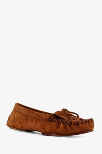 Brown suede moccasin loafer with fringed tassel detail from paris texas women’s indiana collection
