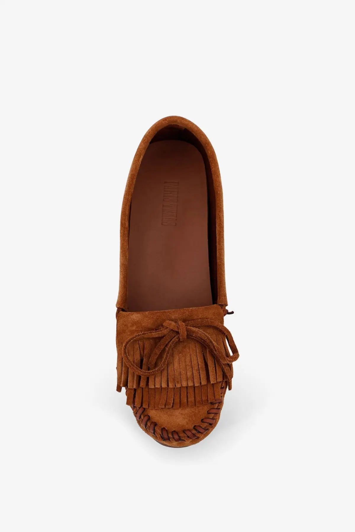Paris Texas women’s Indiana suede loafers in brown with tan suede moccasin style and fringed bow detail at the front