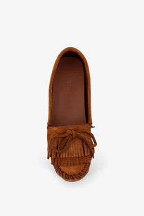 Paris Texas women’s Indiana suede loafers in brown with tan suede moccasin style and fringed bow detail at the front