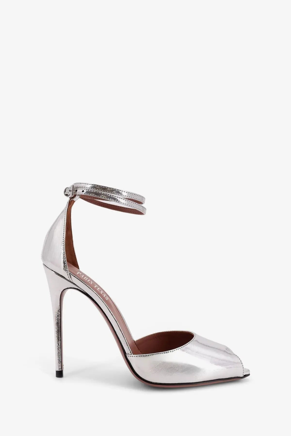 Paris texas women’s laminated leather vera sandals silver peep-toe heels with ankle strap and brown leather lining