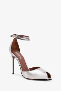 Paris texas women’s laminated leather vera sandals in silver featuring a silver metallic peep-toe high heel with brown lining