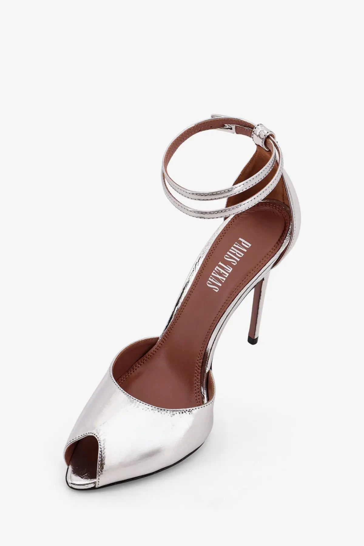 Paris texas women’s laminated leather vera sandals in silver with metallic peep-toe and brown leather lining