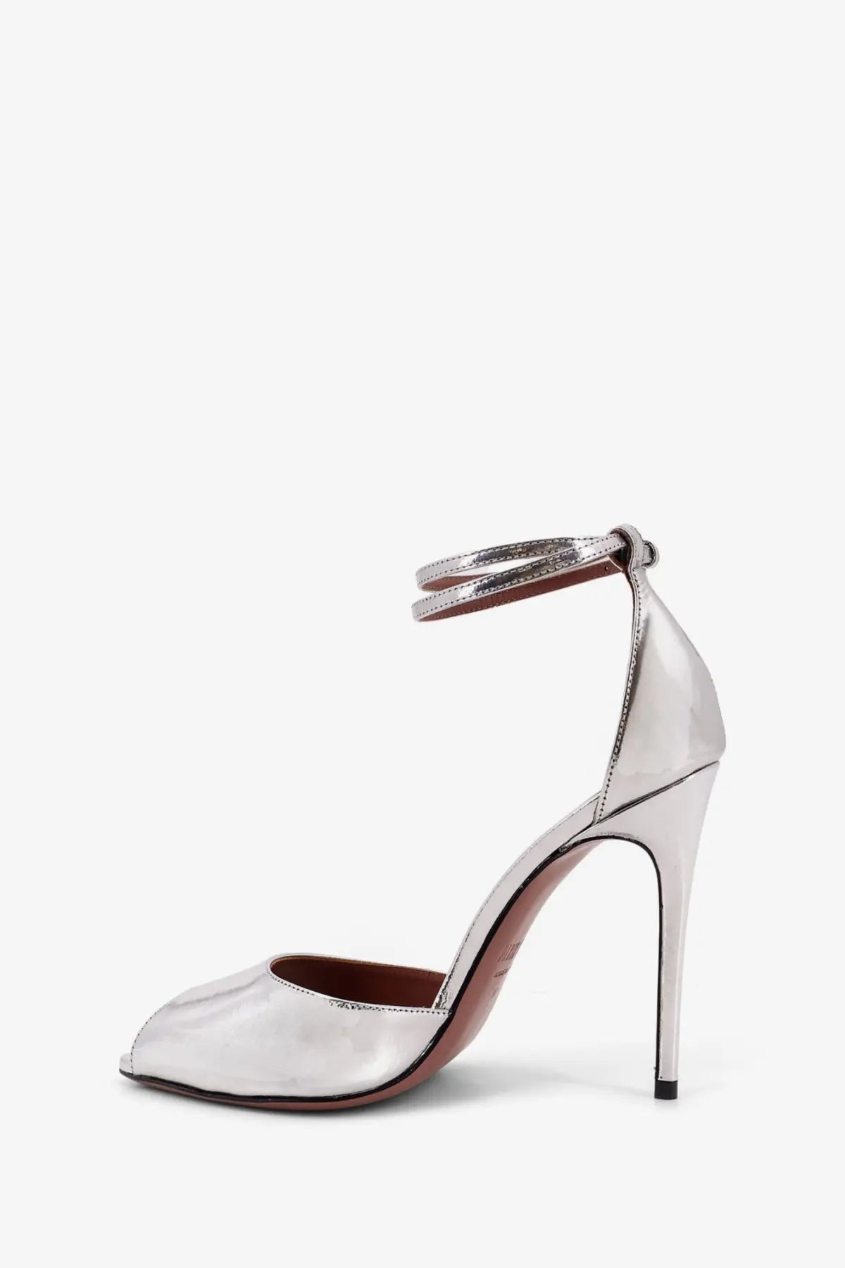 Paris Texas women’s silver laminated leather peep-toe high heel sandals with ankle strap front view