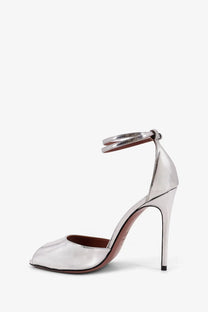 Paris Texas women’s silver laminated leather peep-toe high heel sandals with ankle strap front view