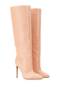 Paris Texas women’s leather knee-high boots in beige croc-embossed leather with slender stiletto heels
