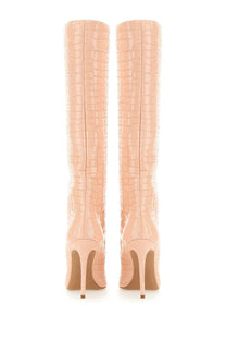Paris texas women’s leather knee-high boots in nude crocodile embossing with slender high heels