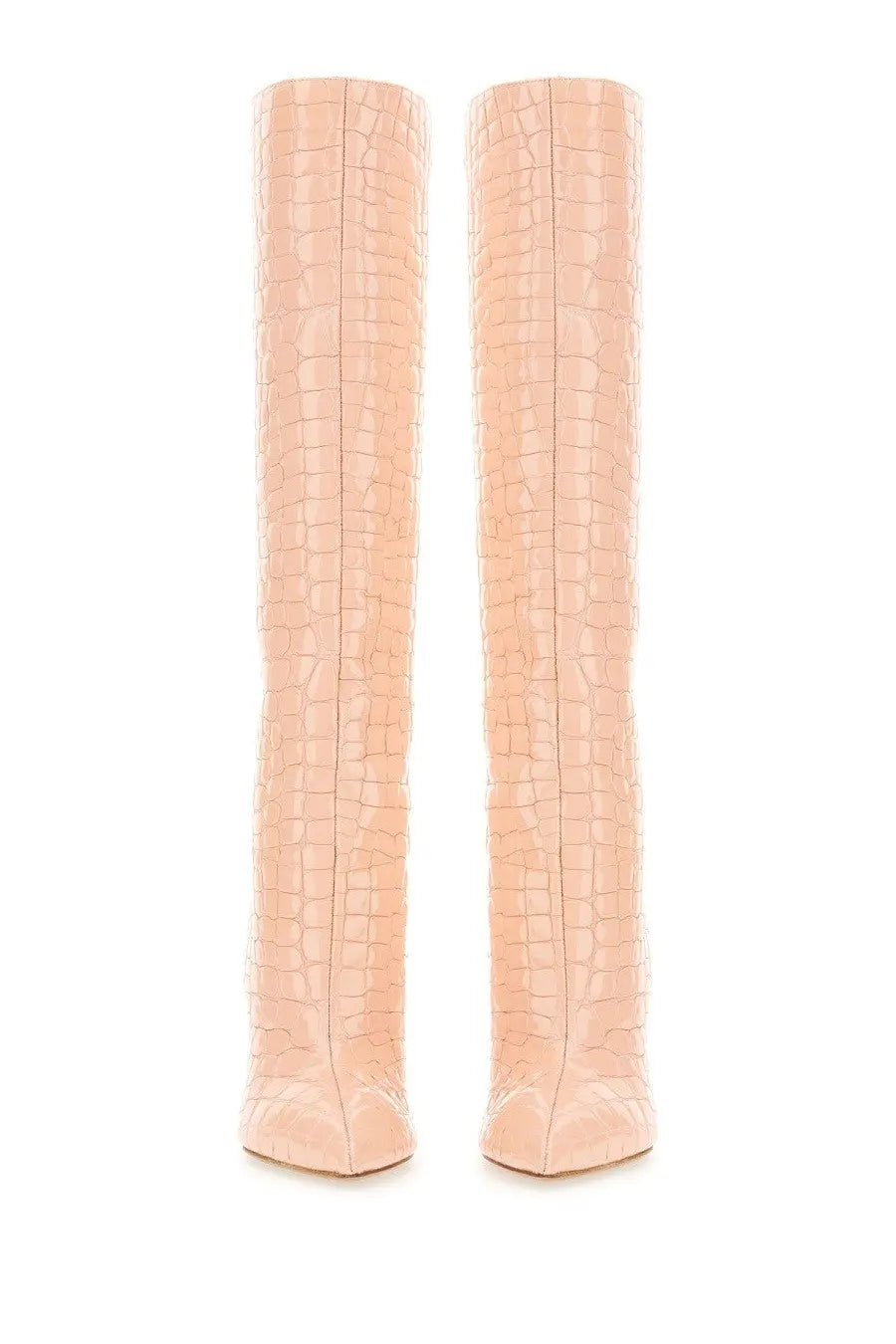 Pair of pale pink crocodile-embossed leather over-the-knee boots from Paris Texas women’s collection