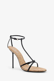 Black patent leather strappy high heel sandal with cork insole and slender stiletto heel by Paris Texas womens Lidia