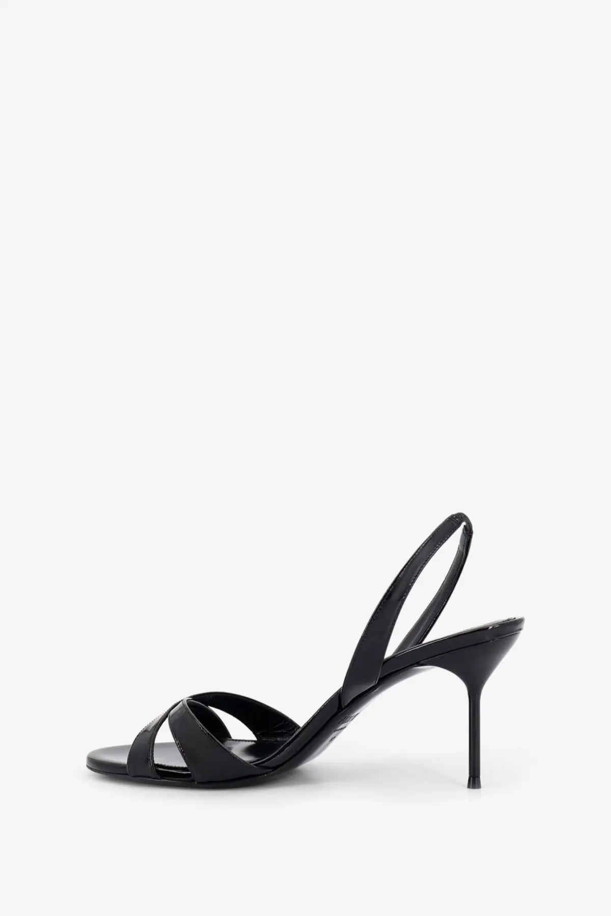 Black patent leather slingback sandal with slender heel and minimalist crisscross straps from Paris Texas women’s Lidia collection