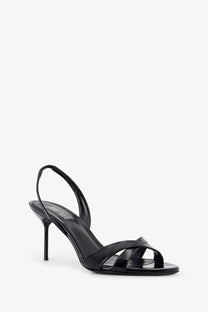 Black patent leather strappy sandal with slender high heel from Paris Texas women’s Lidia patent leather sandals black collection