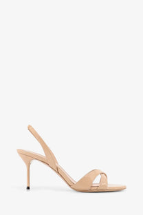 Beige patent leather slingback sandal with a slender heel from Paris Texas women’s Lidia patent leather sandals brown