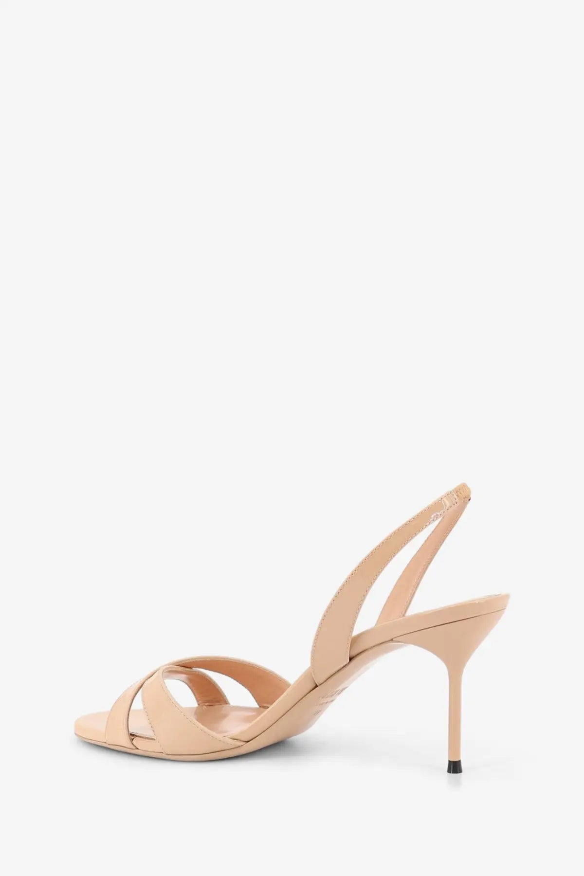 Beige patent leather slingback sandal with slender heel and minimalist crisscross straps from paris texas