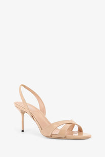 Beige patent leather strappy sandal with a slender high heel from Paris Texas women’s Lidia collection brown color