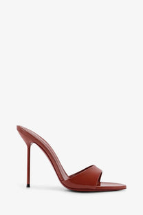 Paris Texas women’s Lidia patent leather mule sandals in glossy caramel with a slender high heel