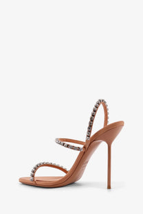 Paris Texas women’s lidia satin sandals in brown tan leather with crystal-embellished straps and slender high heel
