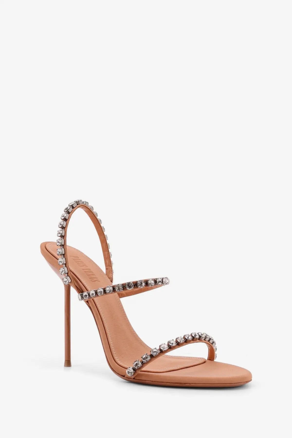 Paris Texas women’s Lidia satin sandals in brown leather with crystal-adorned strappy high heel design