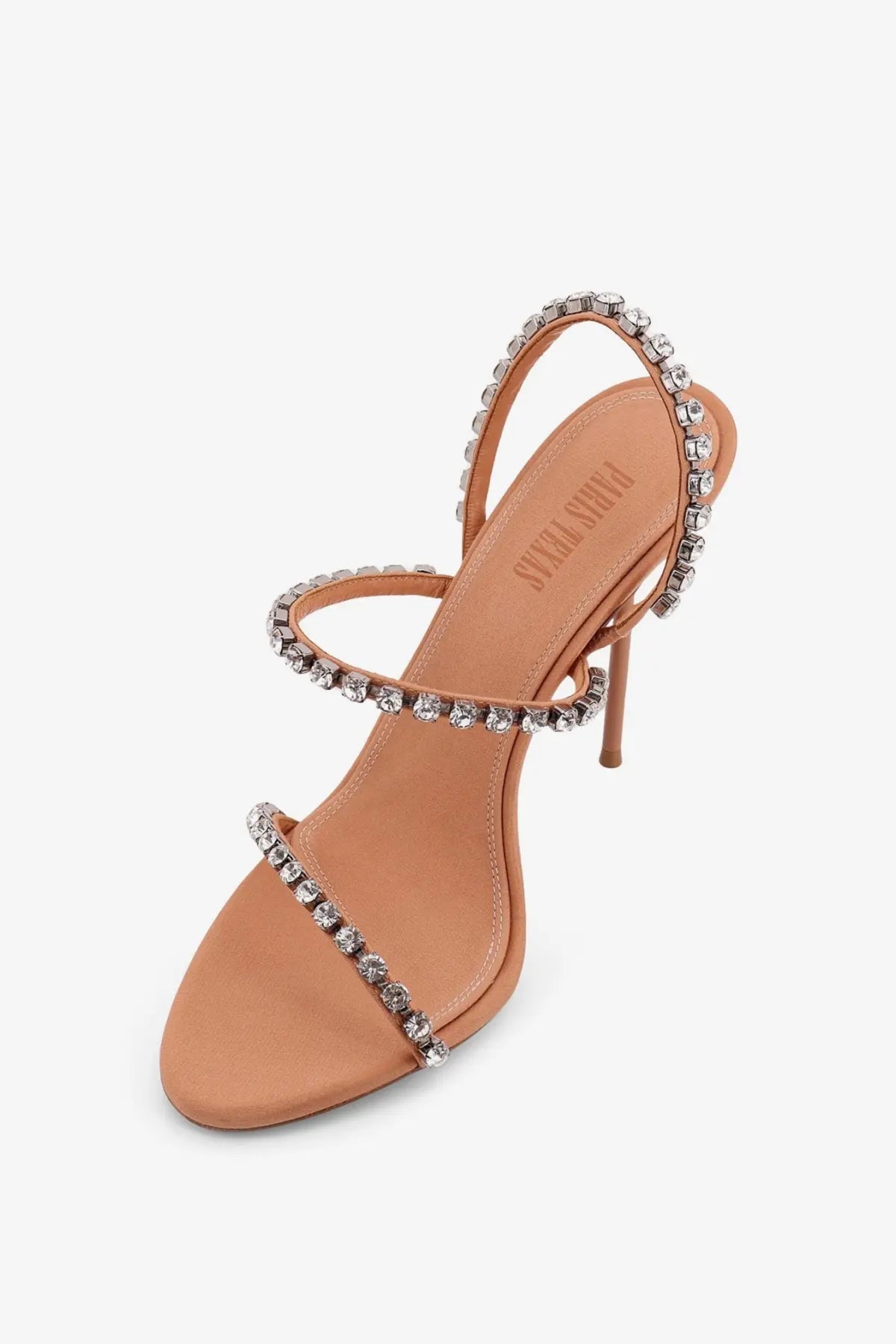 Paris Texas women’s Lidia satin sandals brown tan leather strappy high heel with sparkling clear rhinestones