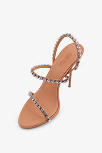 Paris Texas women’s Lidia satin sandals brown tan leather strappy high heel with sparkling clear rhinestones