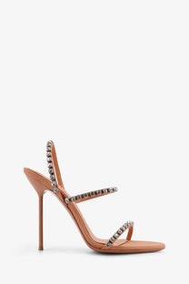 Paris Texas women’s lidia satin sandals in brown with tan leather straps and clear crystal embellishments on the heel
