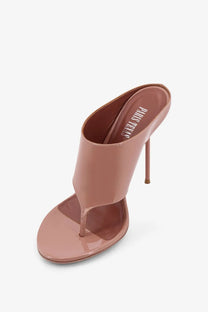 Paris texas women’s lidia thong patent leather sandal in brown with sleek nude-colored high heel and open toe design