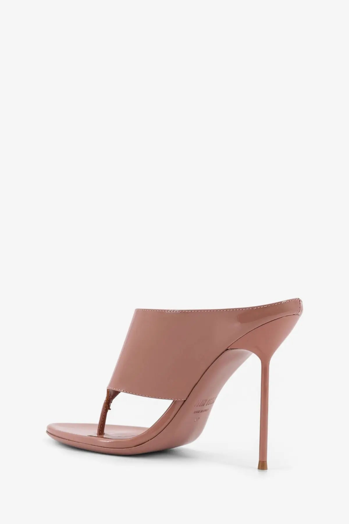 Paris Texas women’s Lidia thong patent leather mule sandal in nude brown with thin high heel and minimalist design