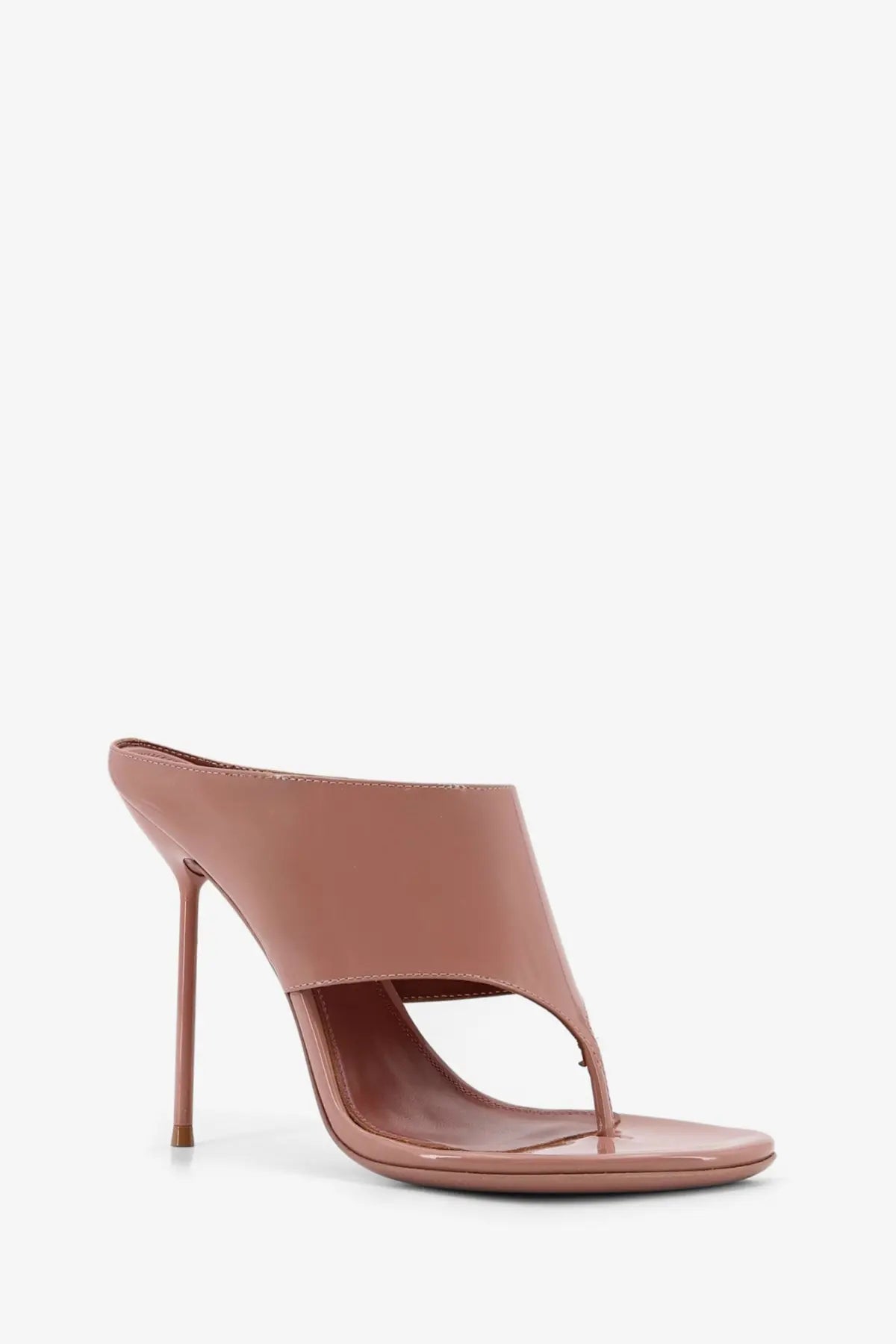 Paris texas women’s lidia thong patent leather mule sandal in nude with a slender high heel and minimalist design