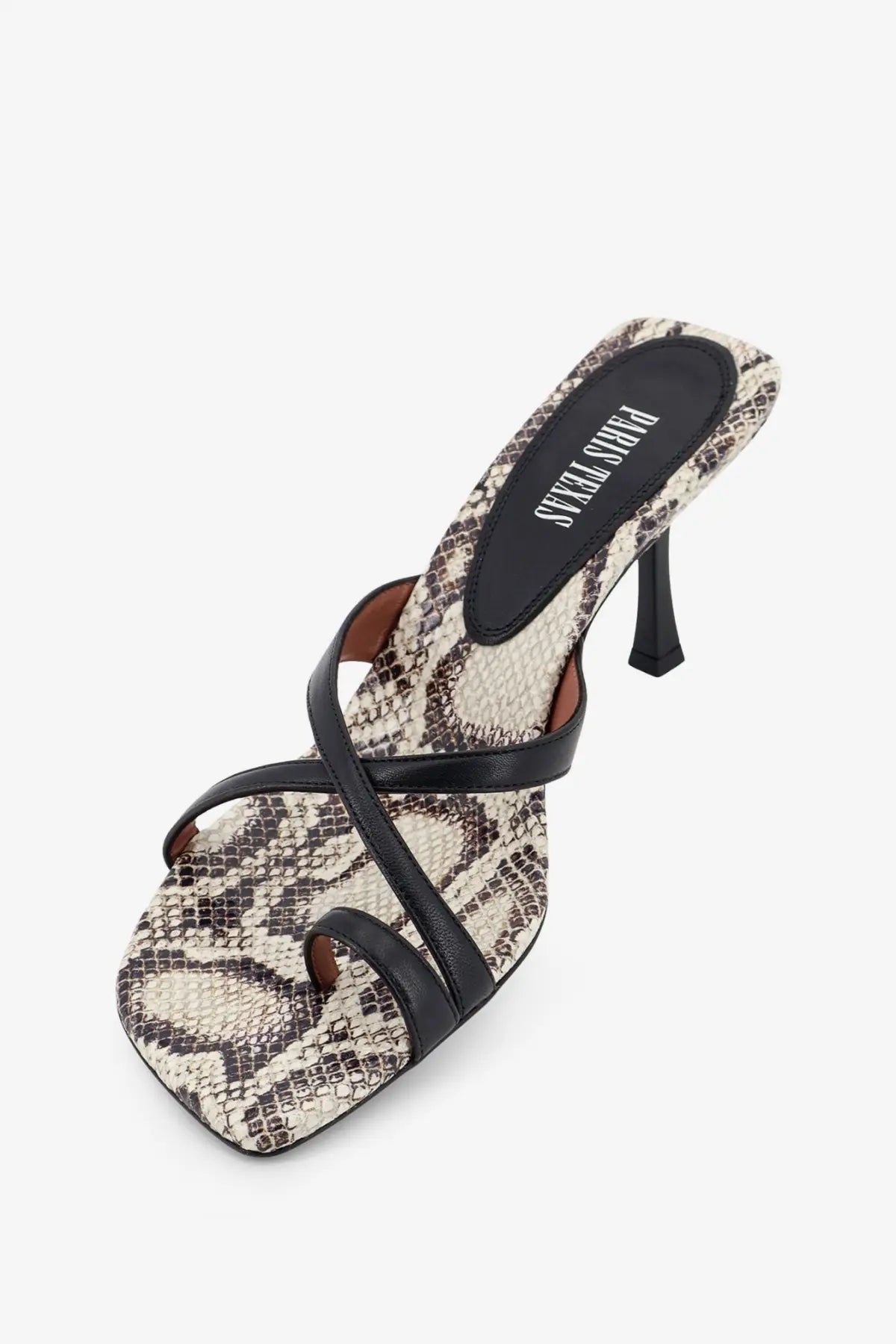 Paris Texas women’s Lorena black and beige snake-print leather mule sandals with a slender heel front view