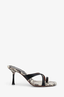 Paris Texas women’s Lorena black and beige snake-print leather mule sandals with slender heels