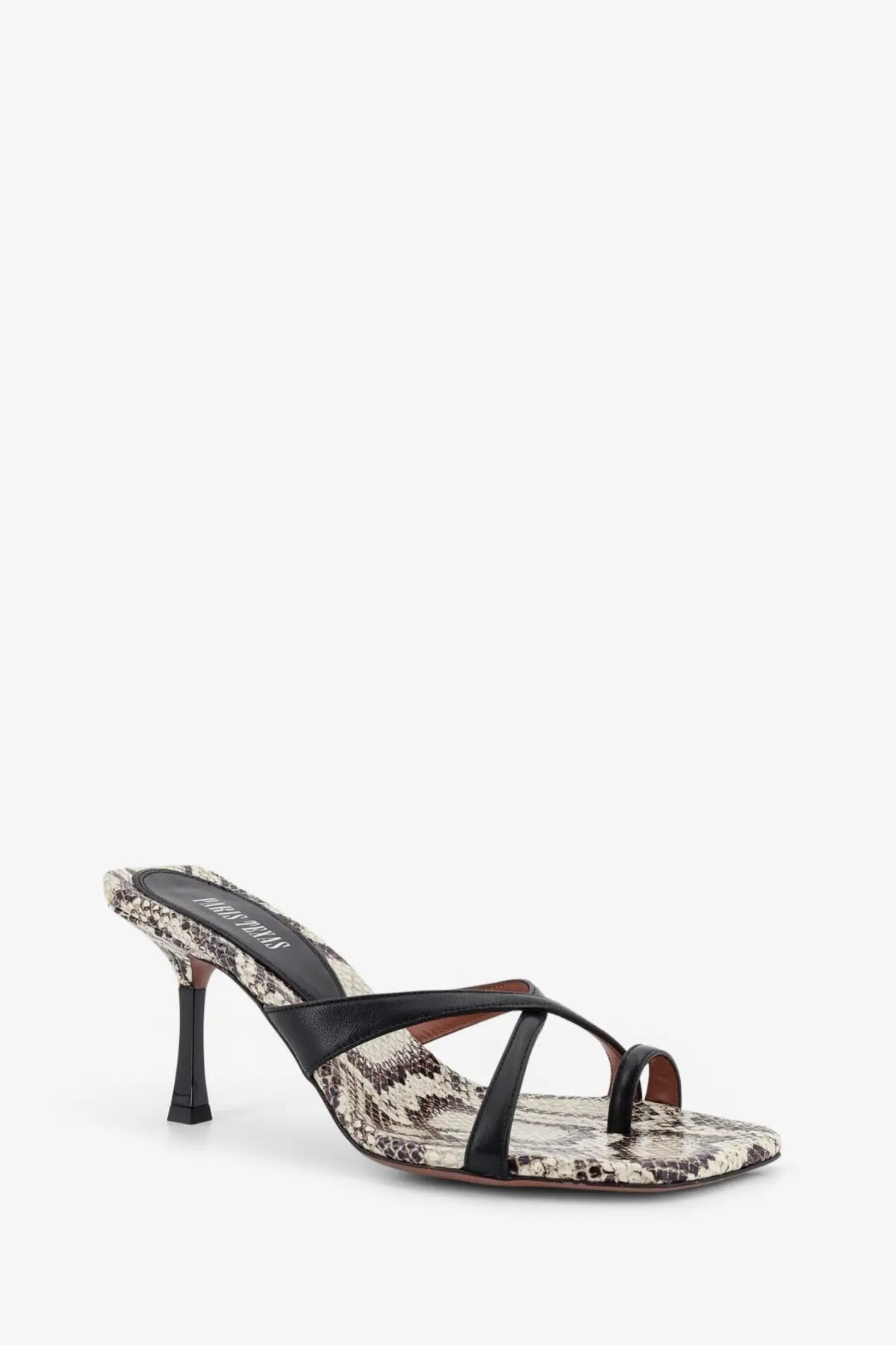 Black and beige snake print leather mule sandal with slender heel from paris texas womens lorena collection