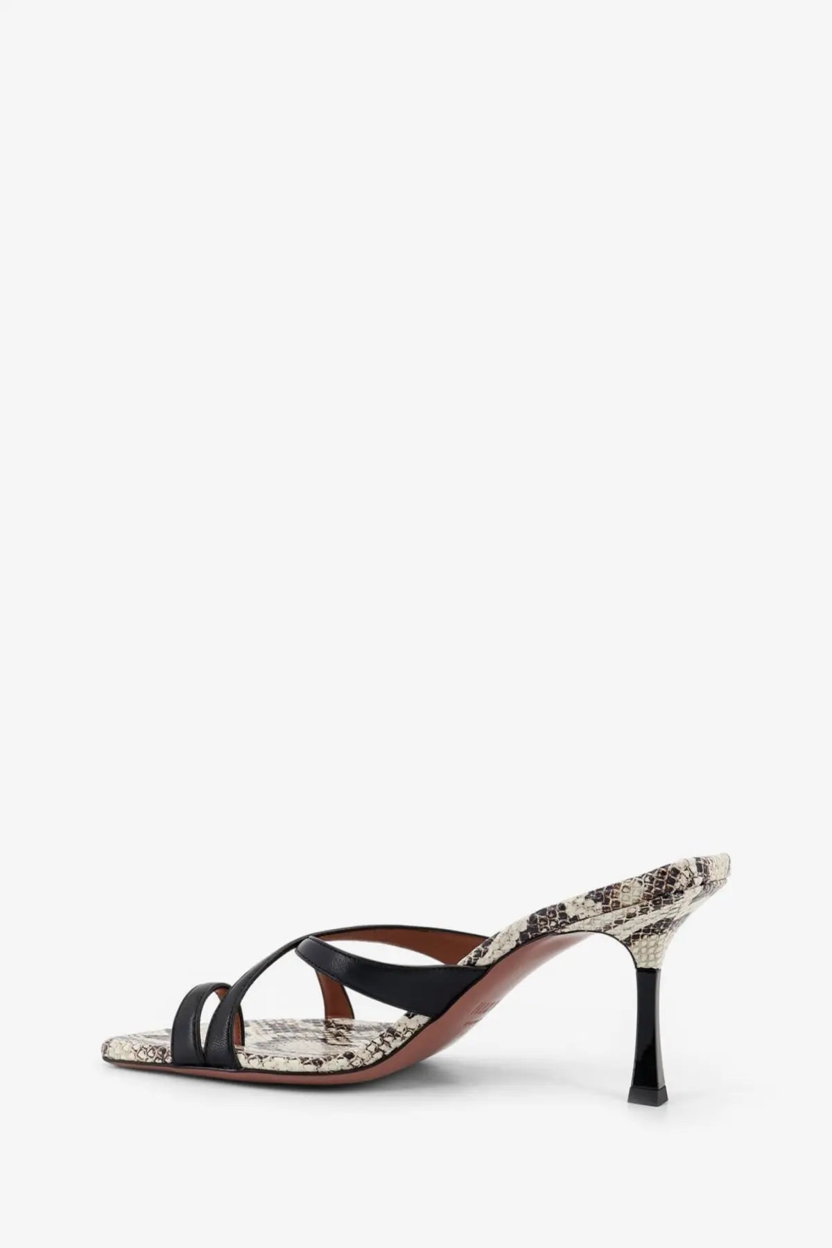 Black and beige snake-print leather mule sandal with slender heel from Paris Texas women’s Lorena collection