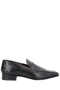 Paris Texas women’s moccasin Vincent black loafer in patent leather with subtle snakeskin texture and low block heel