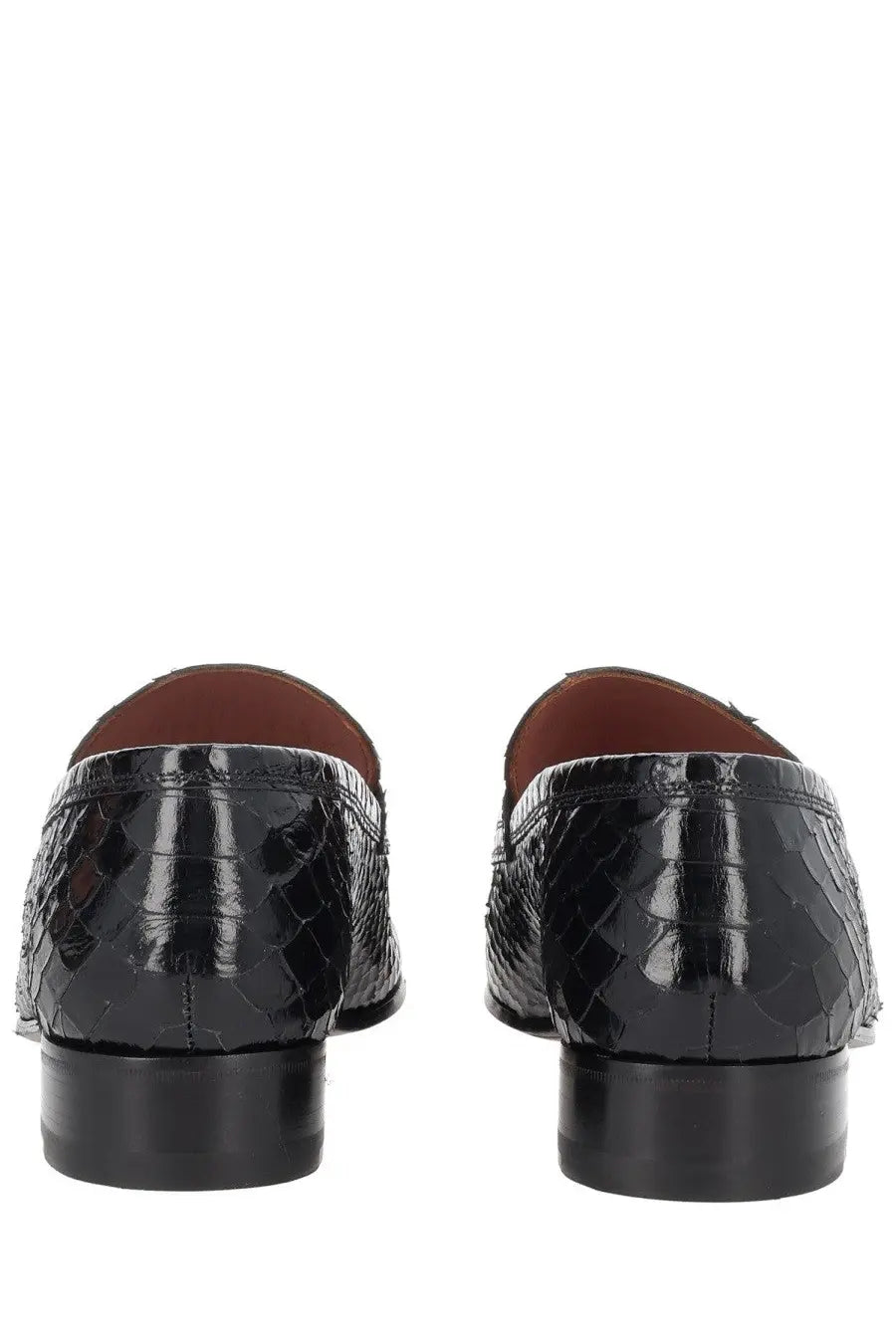 Paris Texas women’s moccasin Vincent black patent leather loafers with glossy snake-skin texture and brown lining
