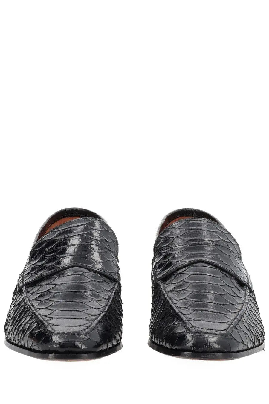 Paris texas women’s moccasin vincent black patent leather loafers with glossy snake skin texture front view