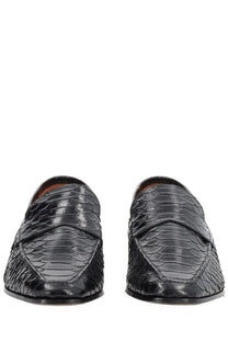Paris texas women’s moccasin vincent black patent leather loafers with glossy snake skin texture front view