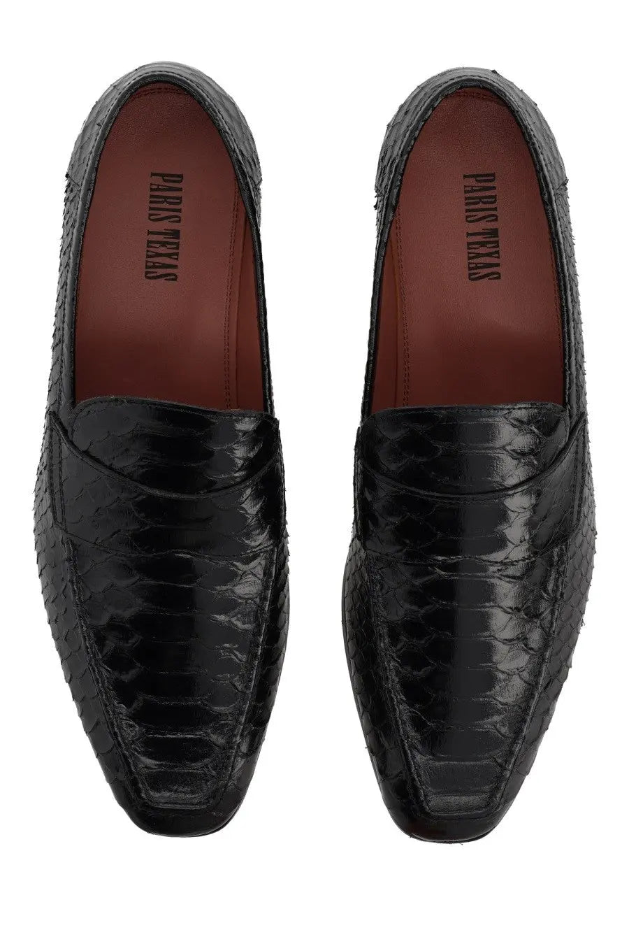 Black python-skin loafer with glossy finish and paris texas branding on the insole for women moccasin vincent