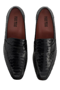 Black python-skin loafer with glossy finish and paris texas branding on the insole for women moccasin vincent