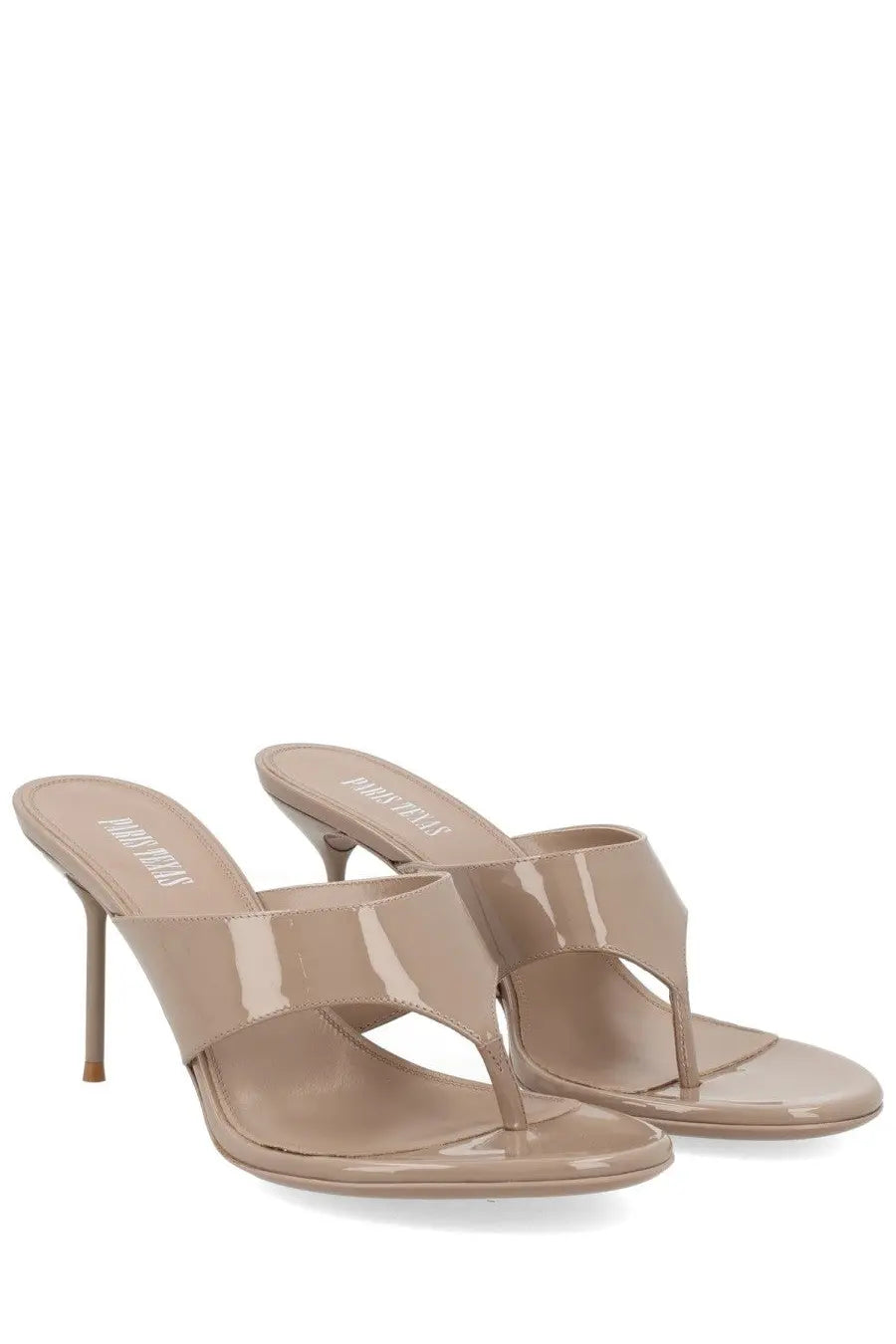 Beige patent leather thong sandals with slender high heels from paris texas women’s mule con tacco lidia collection