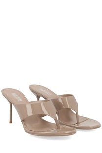 Beige patent leather thong sandals with slender high heels from paris texas women’s mule con tacco lidia collection