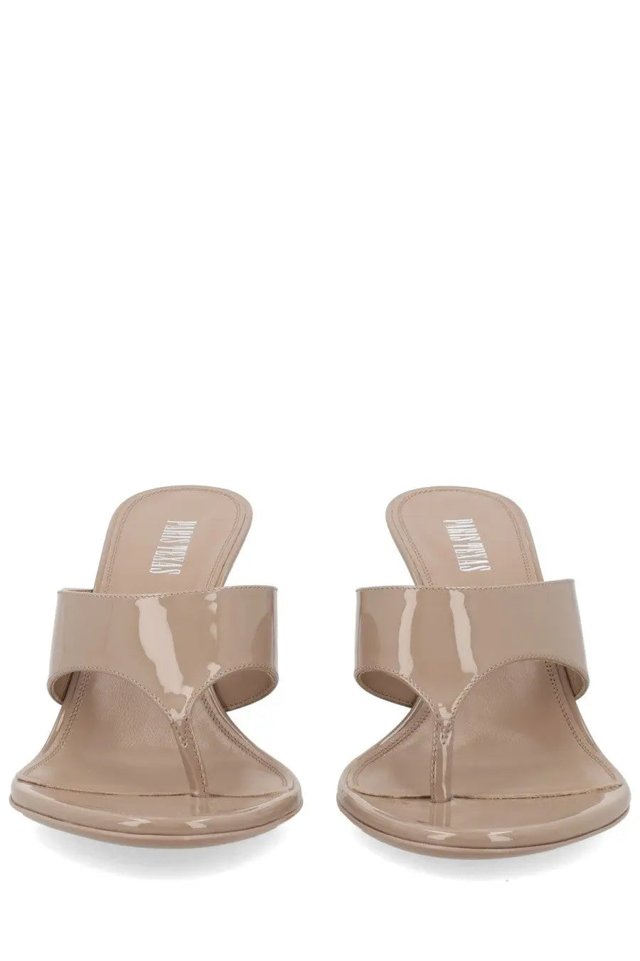Paris Texas women’s beige patent leather thong sandals with sleek minimalist design and low block heel