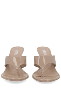 Paris Texas women’s beige patent leather thong sandals with sleek minimalist design and low block heel