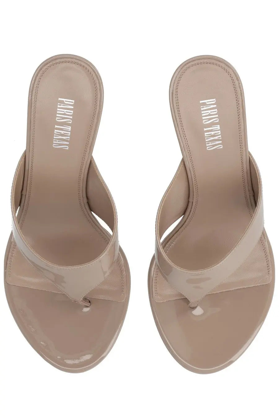 Beige patent leather thong sandals with minimalist design and paris texas embossed insole from paris texas women’s mule con tacco lidia
