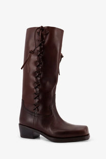 Dark brown leather knee-high Paris Texas women’s Roxanne boot with lace-up front and low block heel