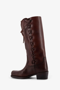 Paris texas women’s roxanne brown leather lace-up riding boot with chunky heel shown from the back side