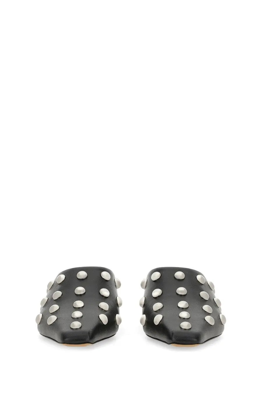 Black leather mules with silver toned studs paris texas women’s sandal bella black shown from the back side