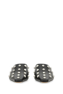 Black leather mules with silver toned studs paris texas women’s sandal bella black shown from the back side
