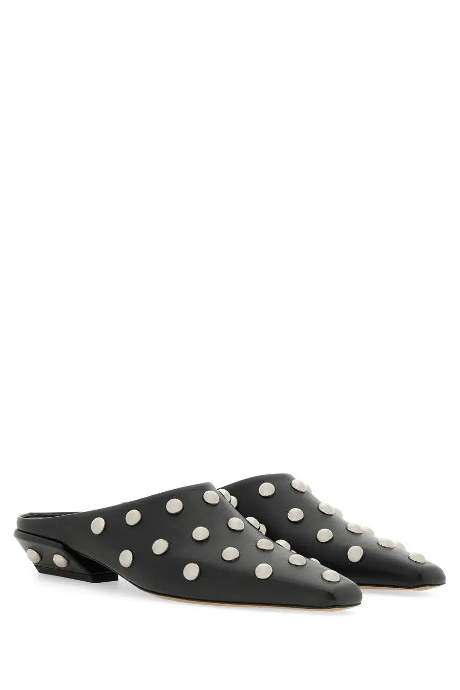 Black leather mules with silver toned circular studs paris texas women’s sandal bella black front view