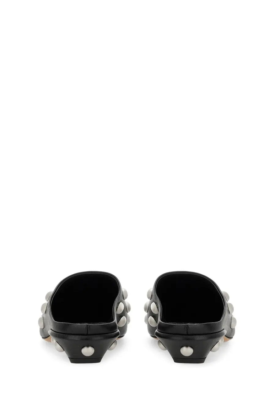 Paris Texas women’s sandal bella black leather mules with silver toned studs along the sides and heel viewed from back
