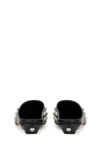 Paris Texas women’s sandal bella black leather mules with silver toned studs along the sides and heel viewed from back