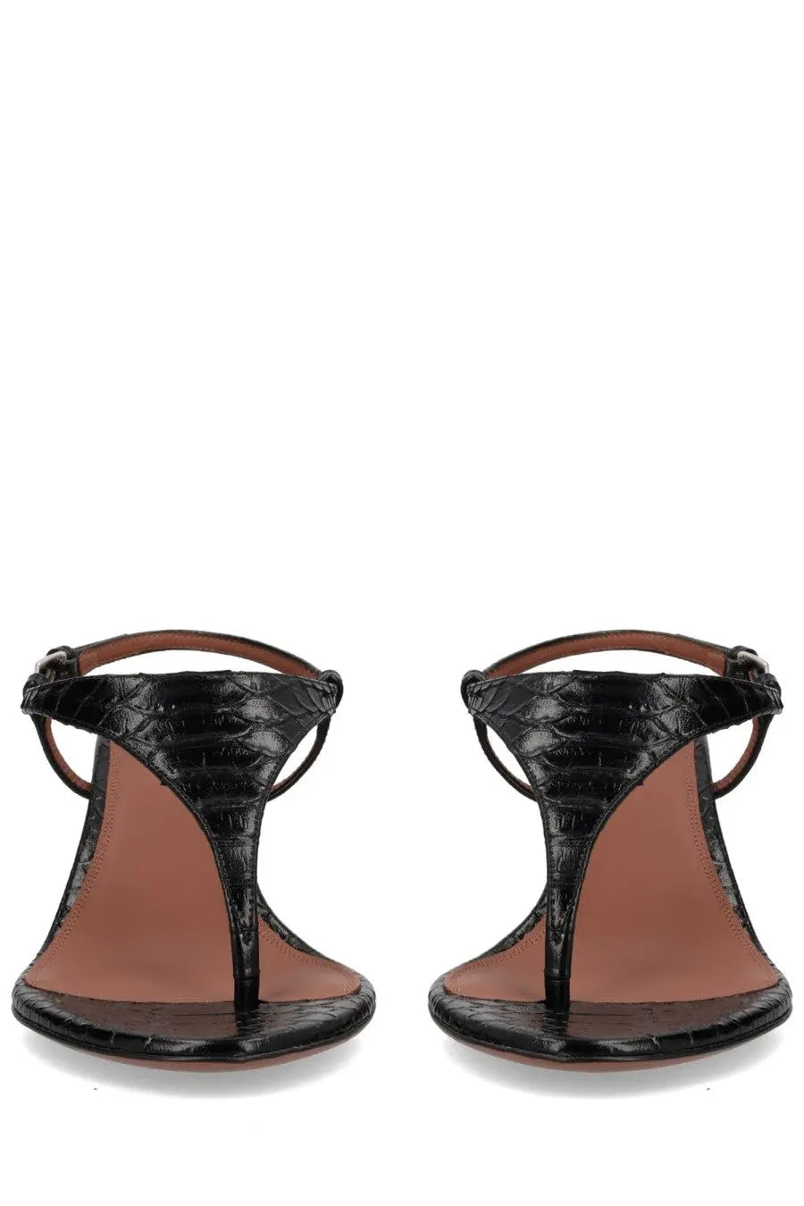 Paris texas women’s sandalo nina con tacco black black crocodile embossed leather t strap sandals with minimalist design